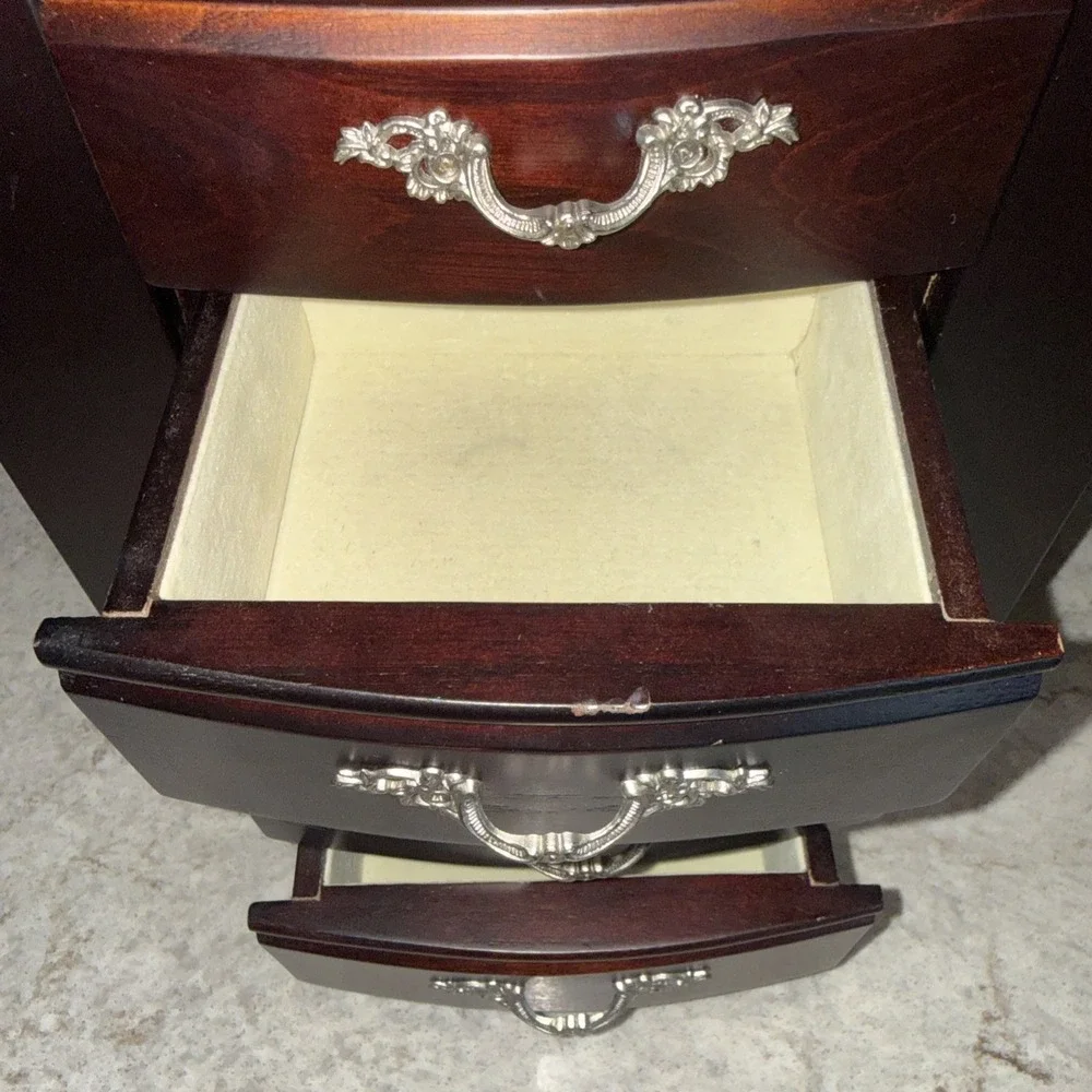 Vintage Mahogany Wood Jewelry Box Chest 4 Drawer Side Doors Mirror 13X10.5 In